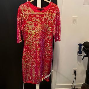 Bcbg pink/coral sequin mini dress with 3/4 sleeves - medium